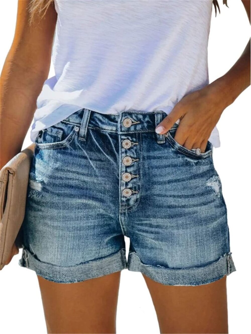 〽️Women's Jeans Shorts Blue Mid Rise Stretchy Ripped Folded Hem Summer Comfort